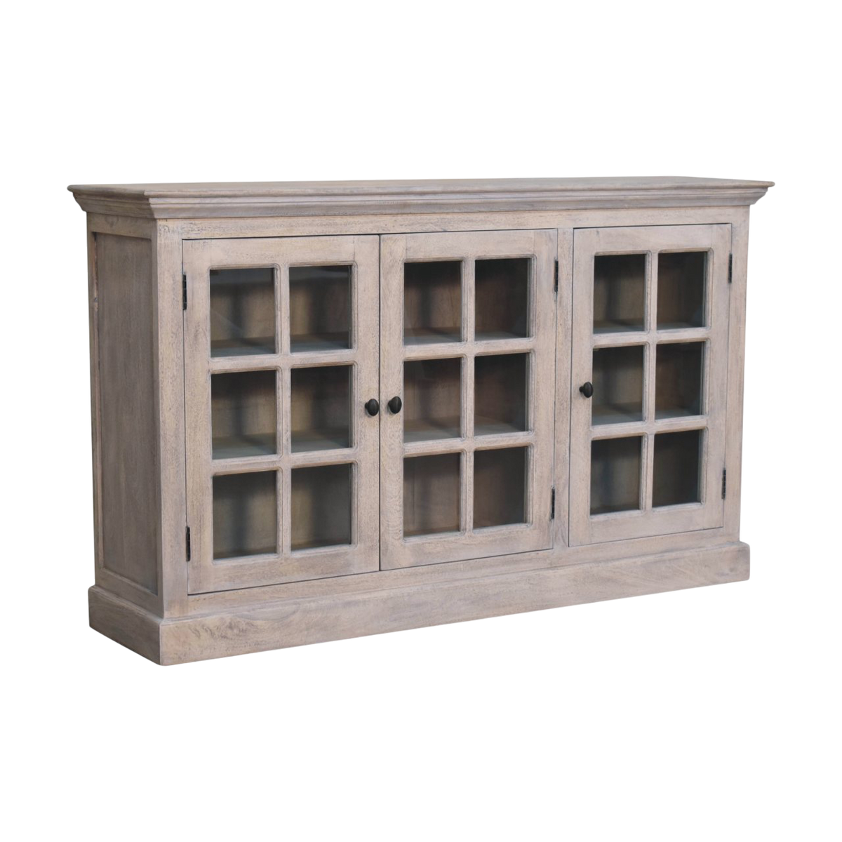 Sigtuna Glazed Sideboard in Stone, three-quarter view showing the full profile.