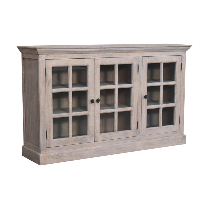 Sigtuna Glazed Sideboard in Stone, three-quarter view showing the full profile.