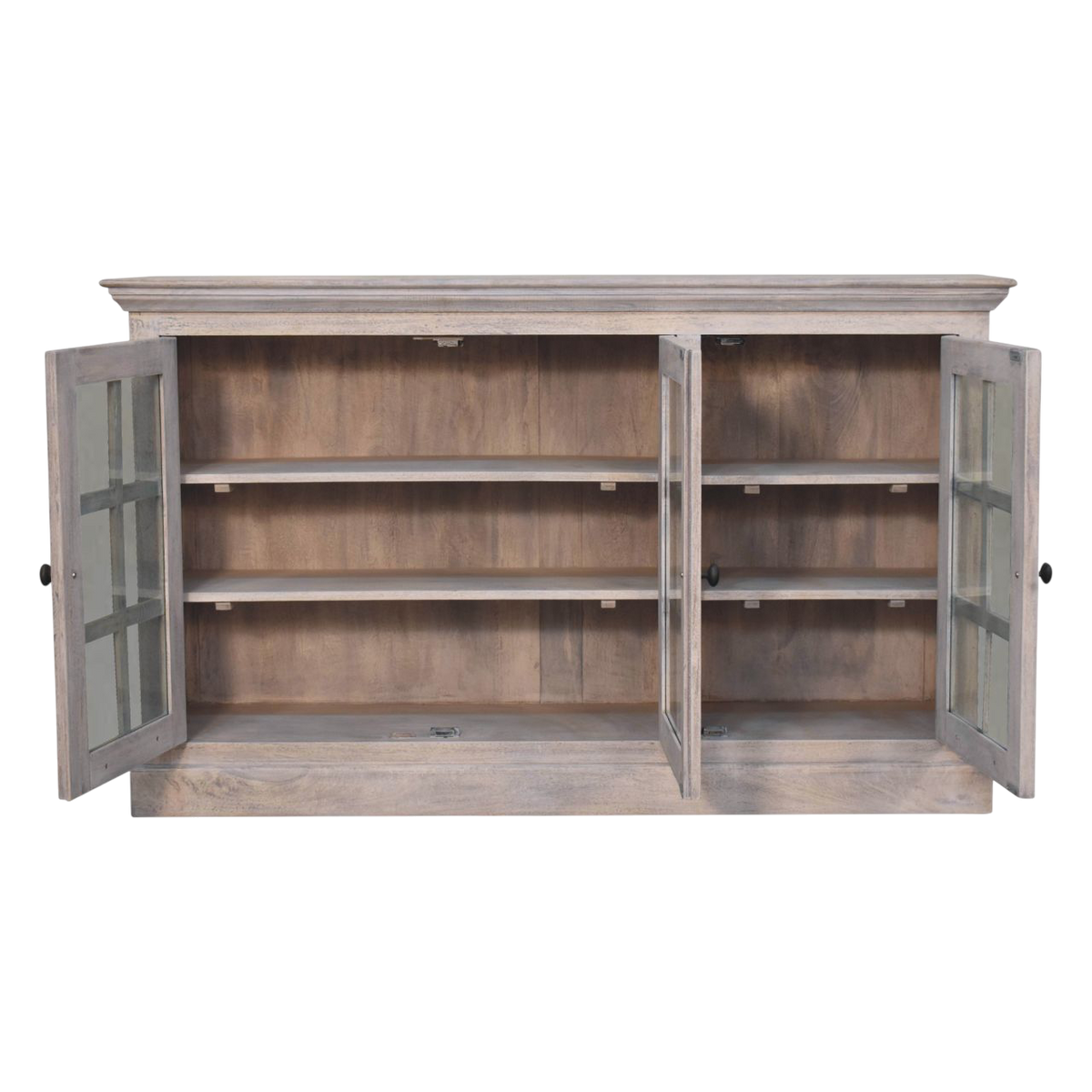 Sigtuna Glazed Sideboard in Stone, shown with the doors open, revealing the interior shelving.