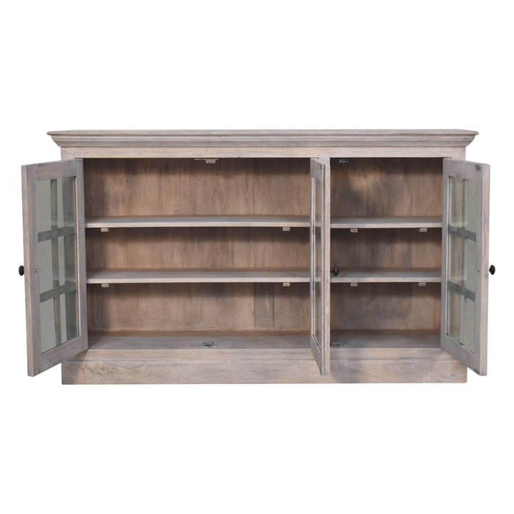 Sigtuna Glazed Sideboard in Stone, shown with the doors open, revealing the interior shelving.
