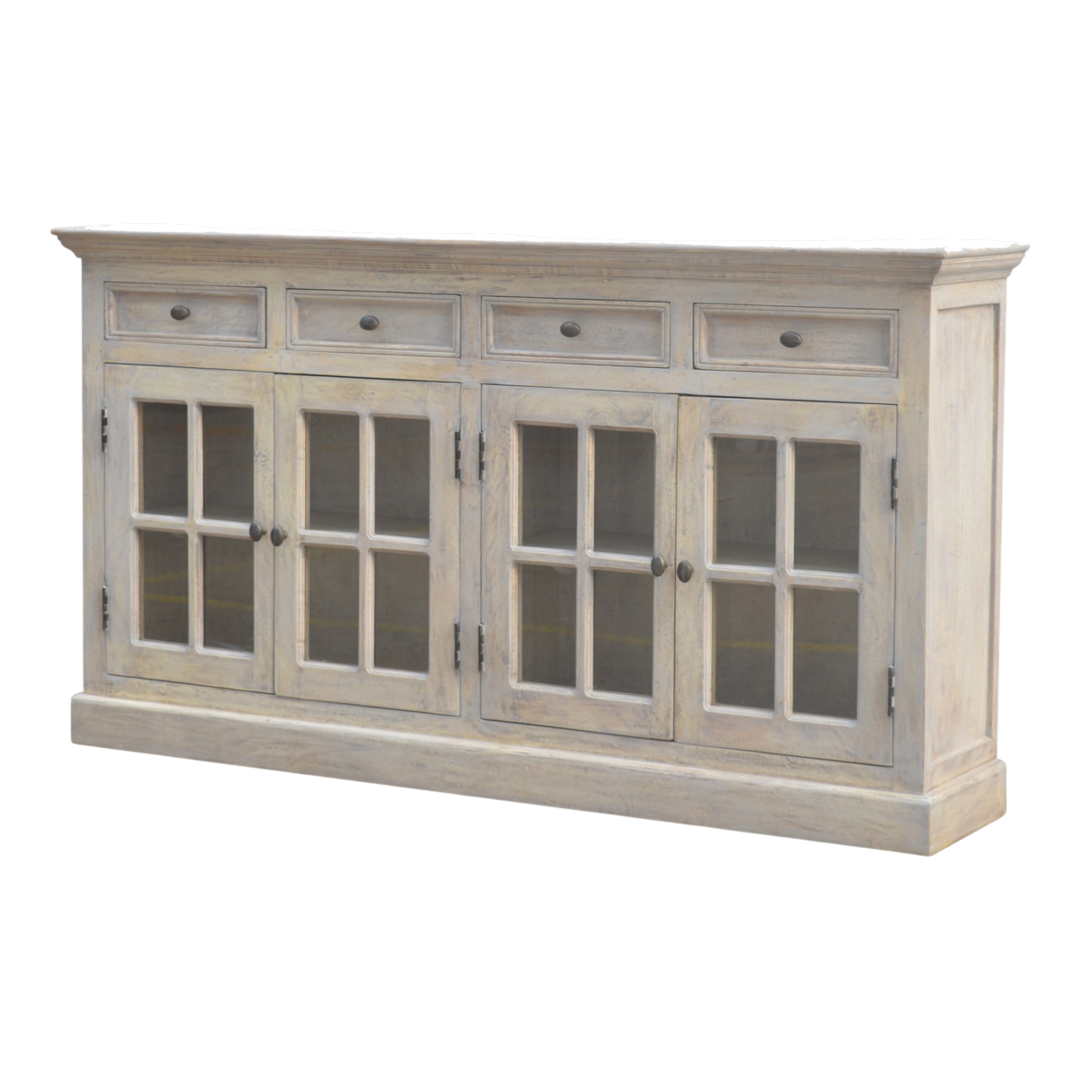 Sigtuna Glazed Sideboard with Drawers in Stone, three-quarter view showing the full profile.