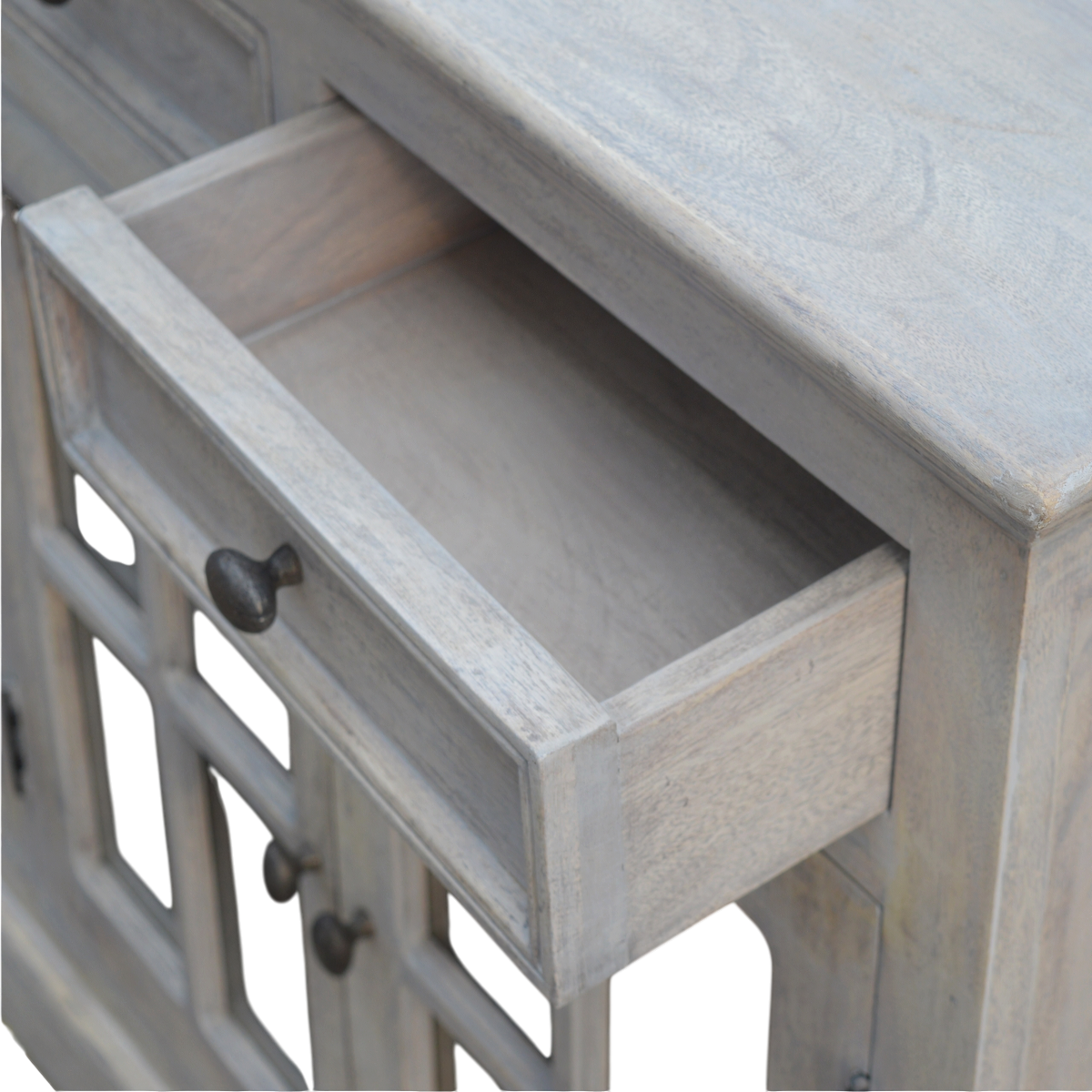 Sigtuna Glazed Sideboard with Drawers in Stone, shown with a drawer open.