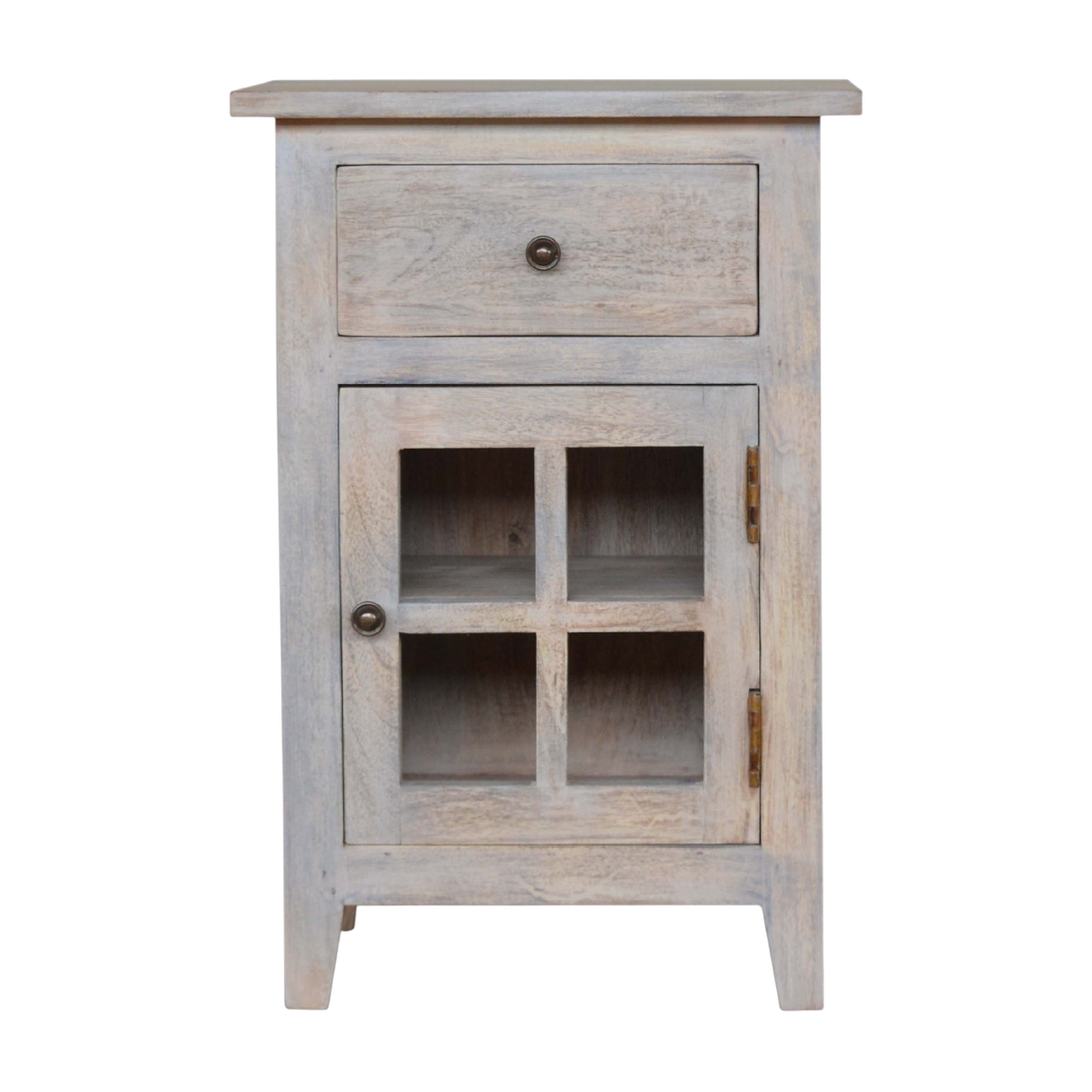 Sigtuna Mini Glazed Bedside Table in Stone, front view. Acid-washed hardwood with one drawer over a glazed cupboard.