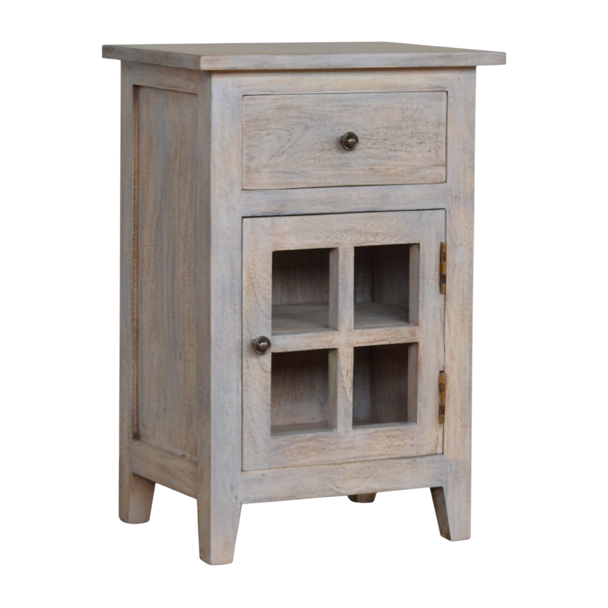 Sigtuna Mini Glazed Bedside Table in Stone, three-quarter view showing the full profile.