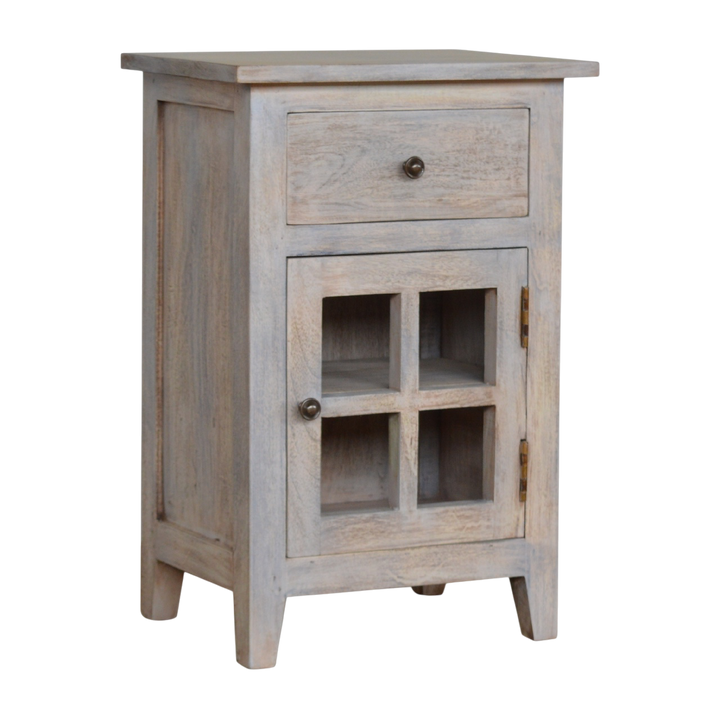 Sigtuna Mini Glazed Bedside Table in Stone, three-quarter view showing the full profile.