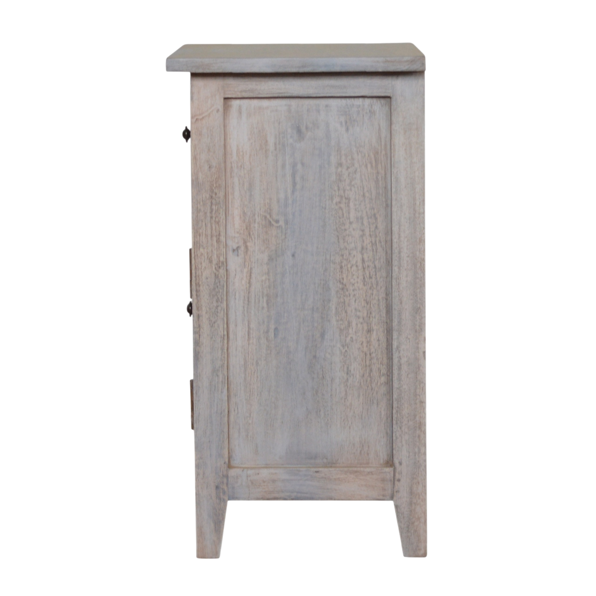 Sigtuna Mini Glazed Bedside Table in Stone, side view showing the depth.