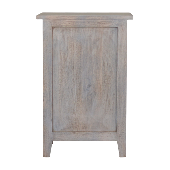 Sigtuna Mini Glazed Bedside Table in Stone, viewed from the back.