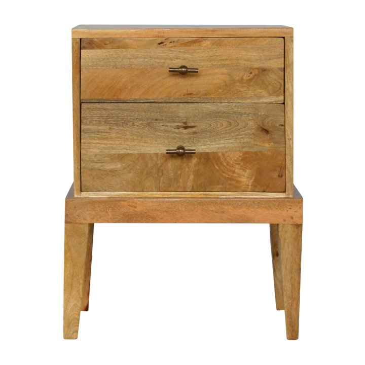 Skagen 2-Drawer Bedside Table in Amber, front view. 100% solid hardwood in a warm amber finish, two drawers, T-bar handles, raised platform base, four tapered legs.