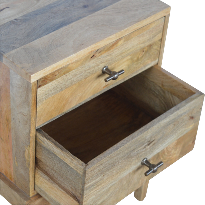 Skagen 2-Drawer Bedside Table in Amber, shown with a drawer open.