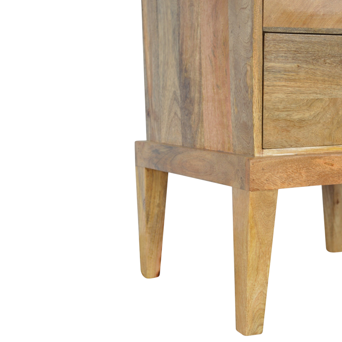 Close view of the legs on the Skagen 2-Drawer Bedside Table in Amber.