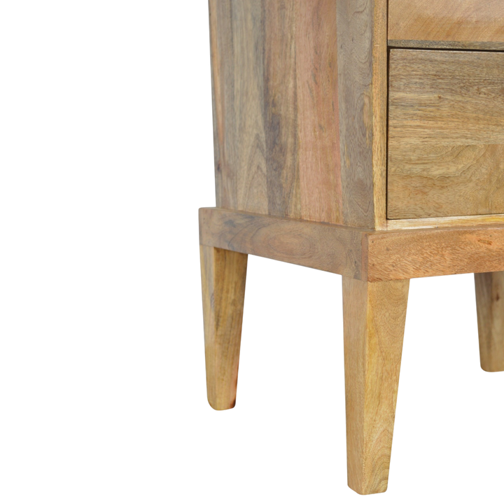 Close view of the legs on the Skagen 2-Drawer Bedside Table in Amber.