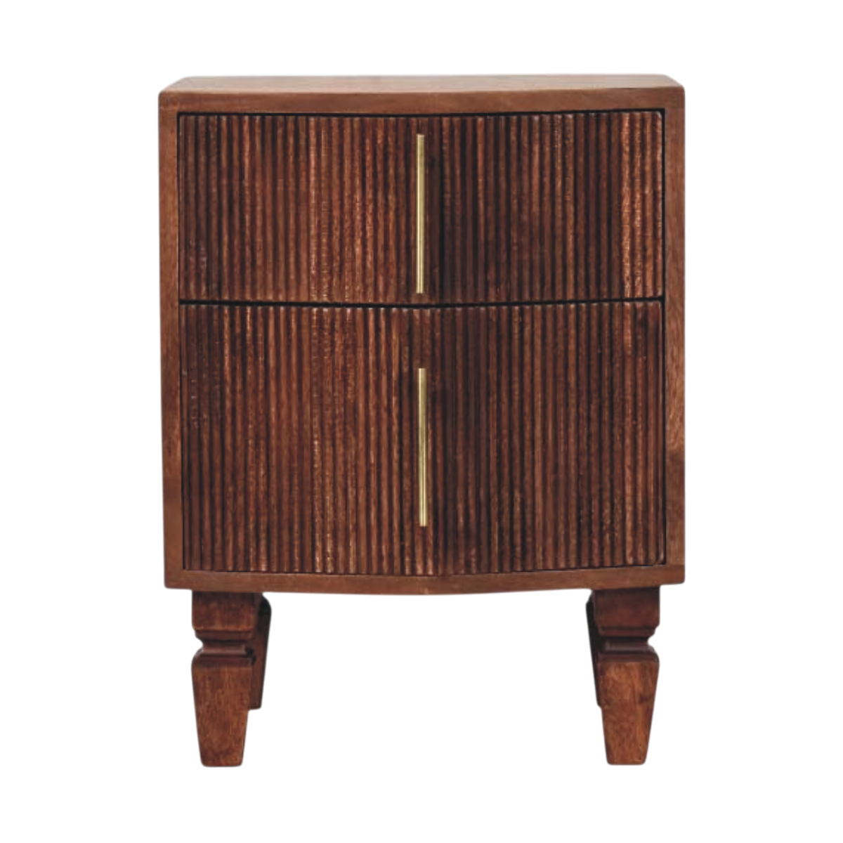 Skagen Fluted Bedside Table in Amber, front view. Solid hardwood throughout, amber finish, two grooved drawer fronts with upright brass bar pulls.