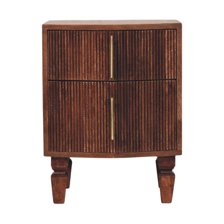 Skagen Fluted Bedside Table in Amber, front view. Solid hardwood throughout, amber finish, two grooved drawer fronts with upright brass bar pulls.