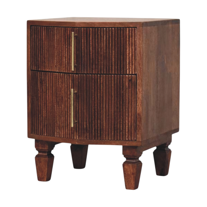 Skagen Fluted Bedside Table in Amber, three-quarter view showing the full profile.