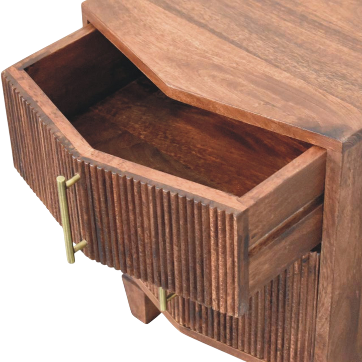 Skagen Fluted Bedside Table in Amber, shown with a drawer open.