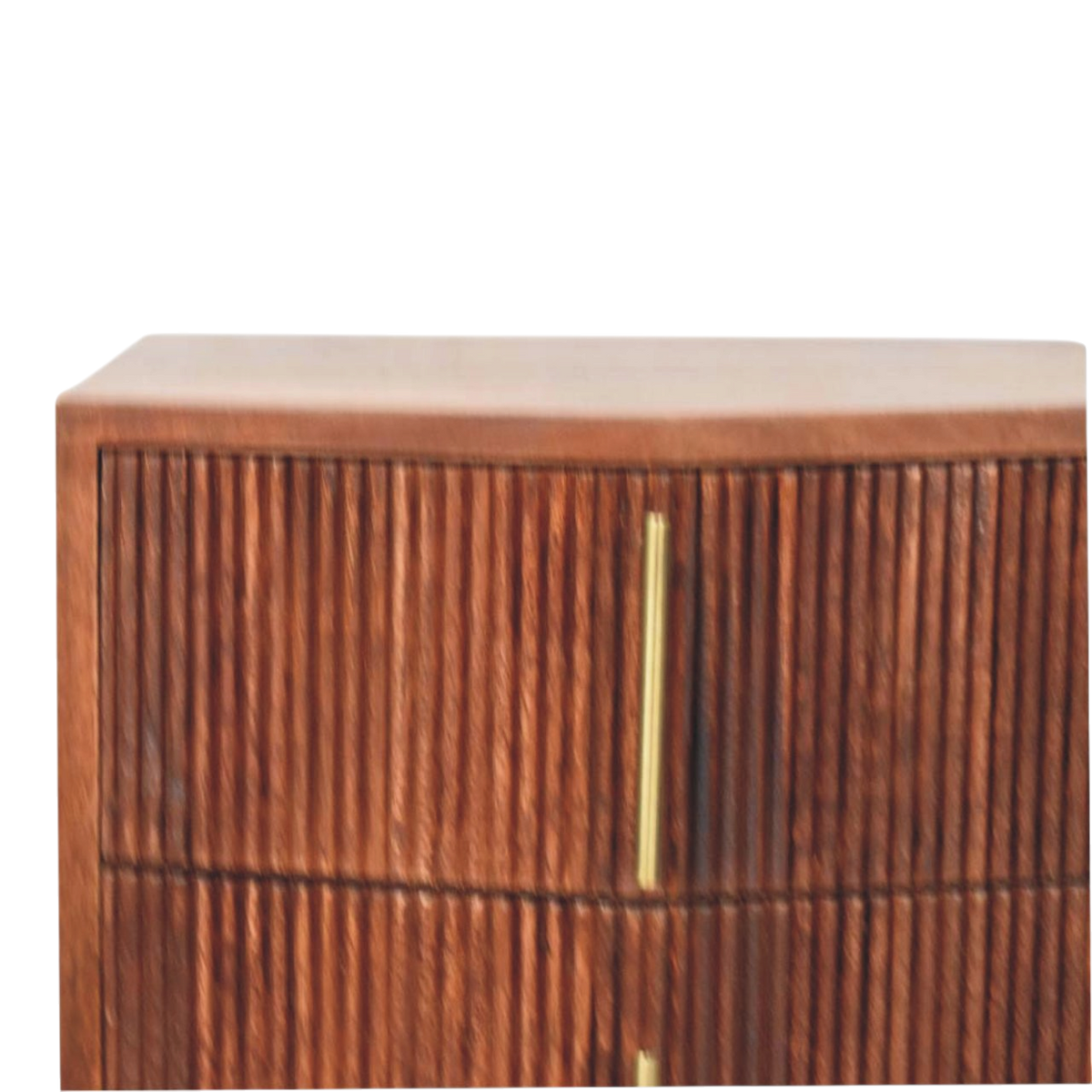 Close view of the brass hardware on the Skagen Fluted Bedside Table in Amber.