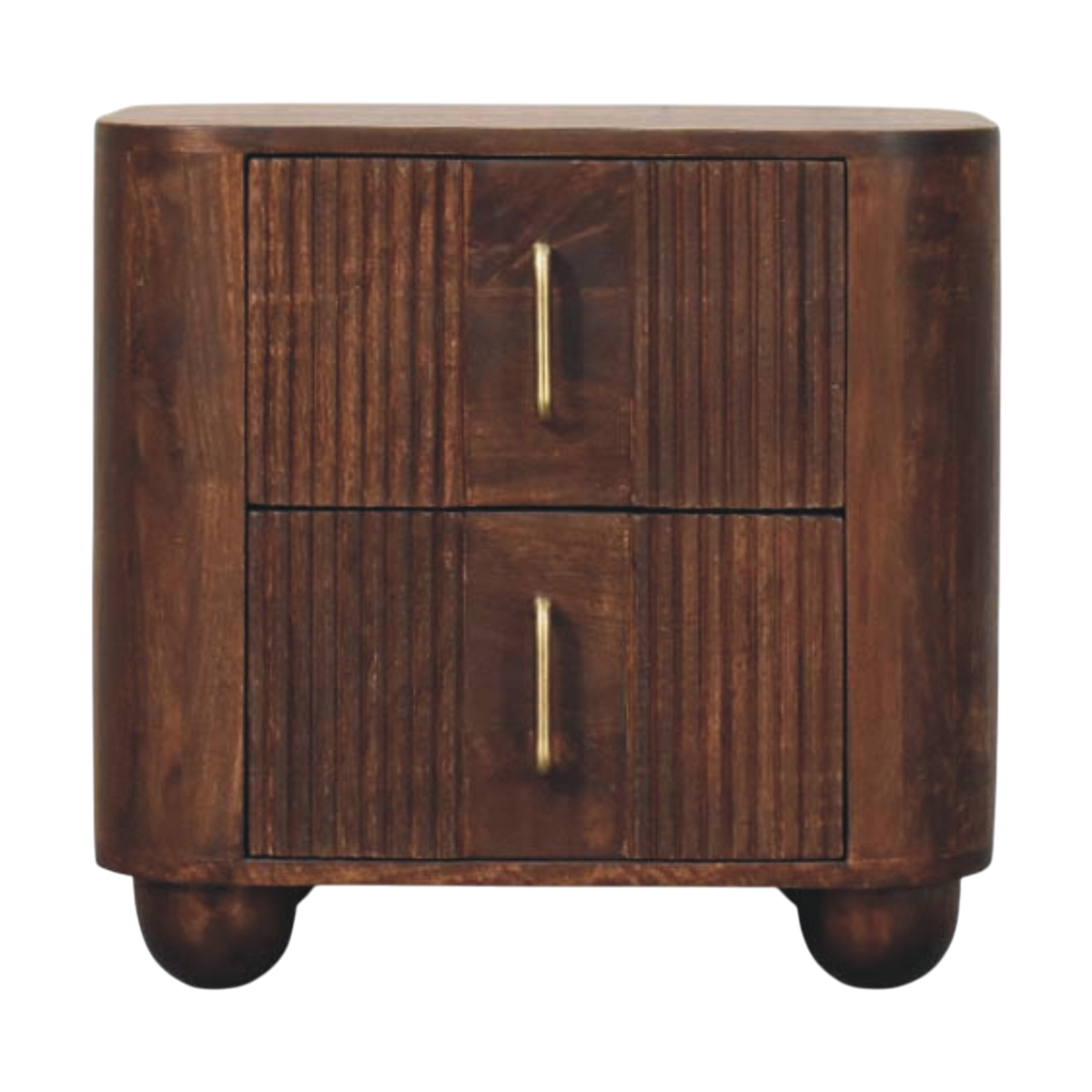 Skagen Fluted Bedside Table in Chestnut, front view. Solid hardwood throughout, chestnut finish, vertical fluting.