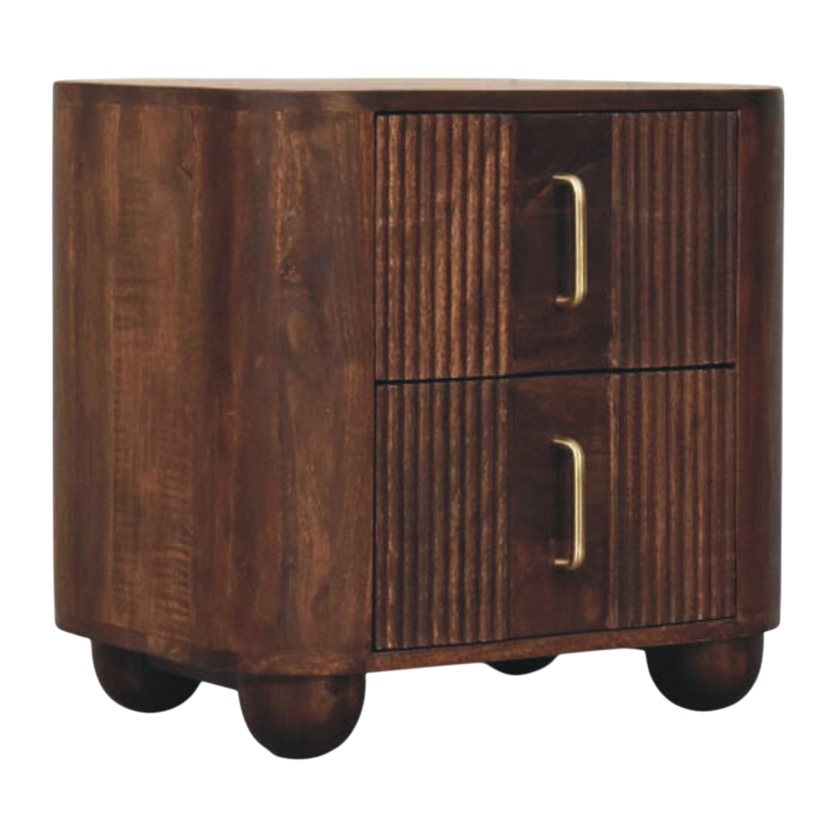 Skagen Fluted Bedside Table in Chestnut, three-quarter view showing the full profile.