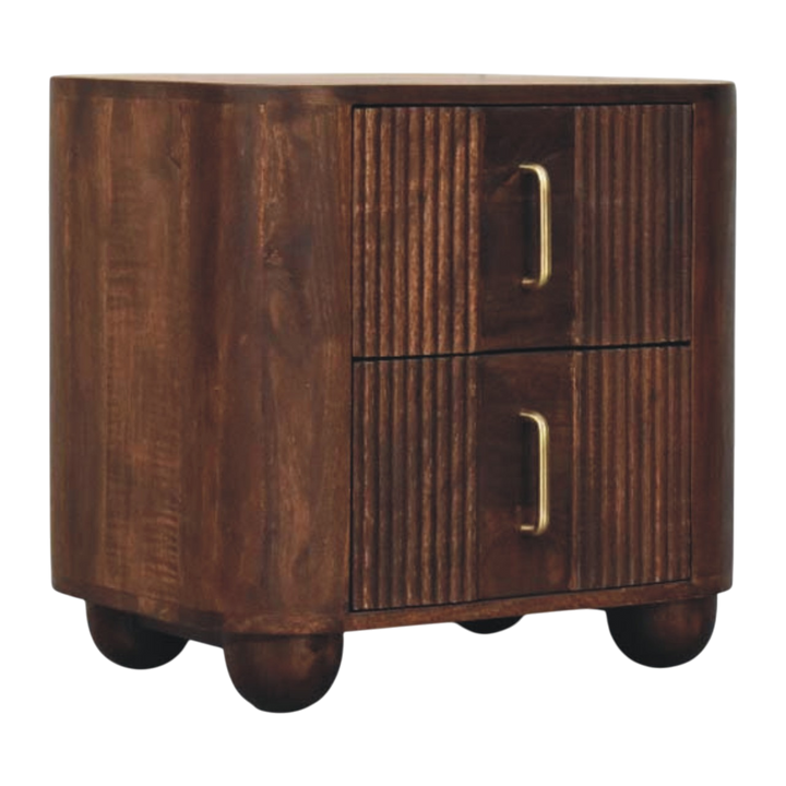 Skagen Fluted Bedside Table in Chestnut, three-quarter view showing the full profile.