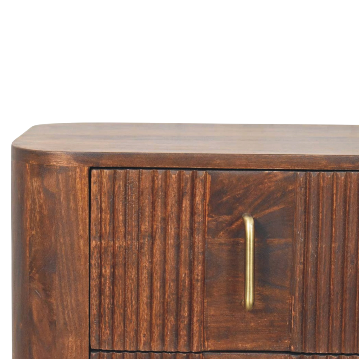 Close view of the brass hardware on the Skagen Fluted Bedside Table in Chestnut.