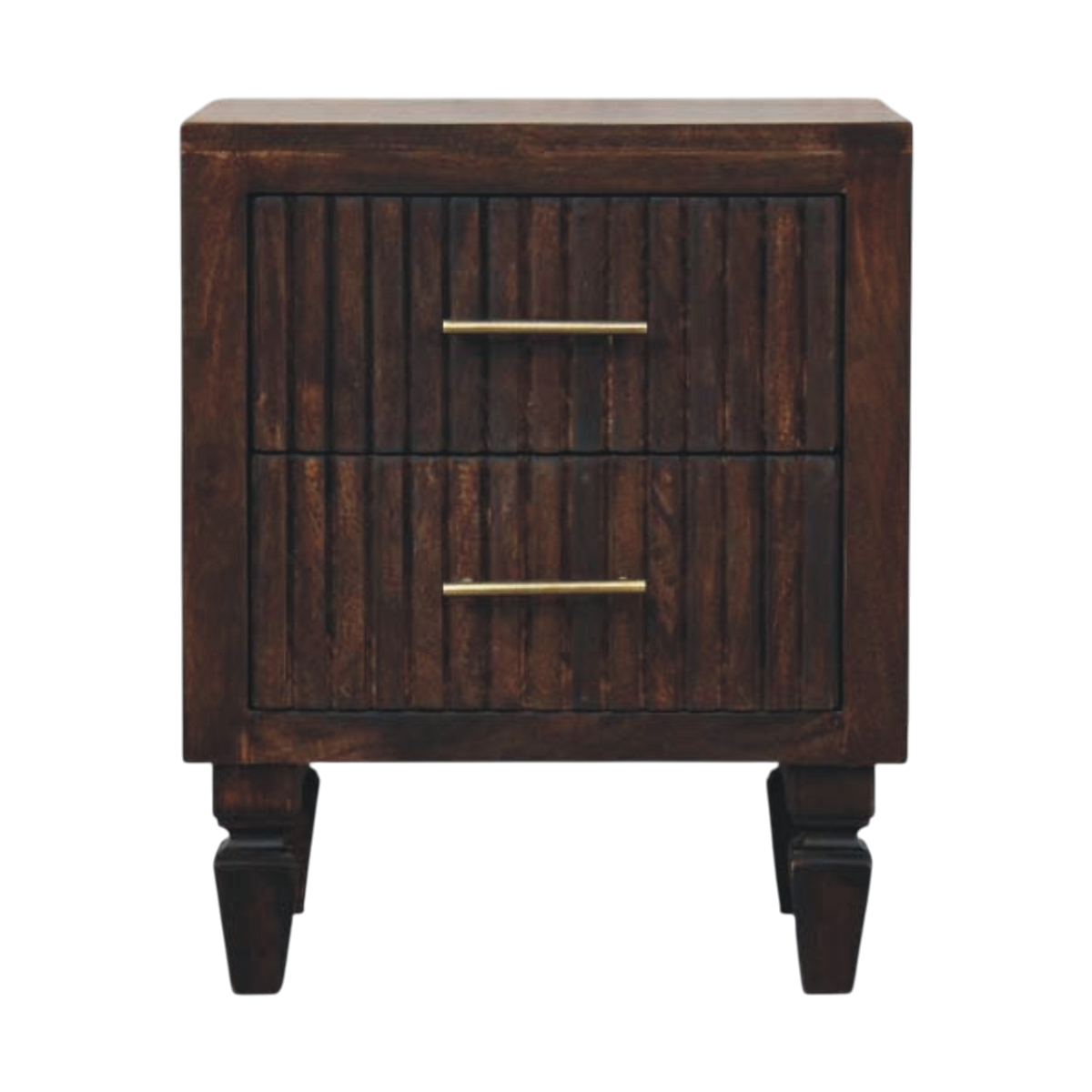 Skagen Fluted Bedside Table in Espresso, front view. Solid hardwood throughout, espresso finish, two fluted drawer fronts on brass-toned pulls.