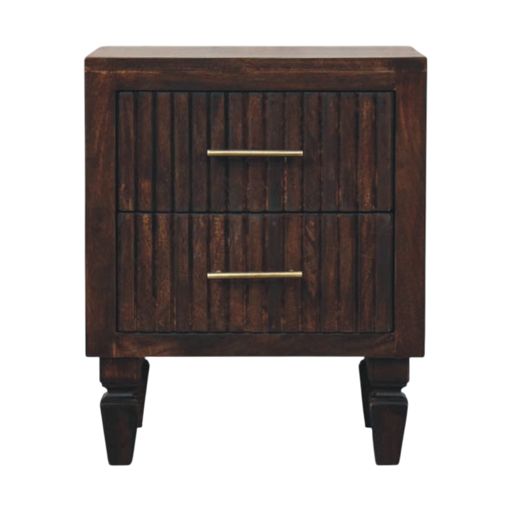 Skagen Fluted Bedside Table in Espresso, front view. Solid hardwood throughout, espresso finish, two fluted drawer fronts on brass-toned pulls.