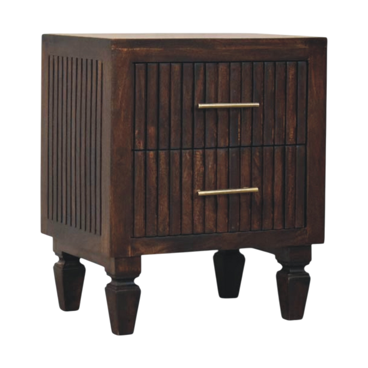 Skagen Fluted Bedside Table in Espresso, three-quarter view showing the full profile.