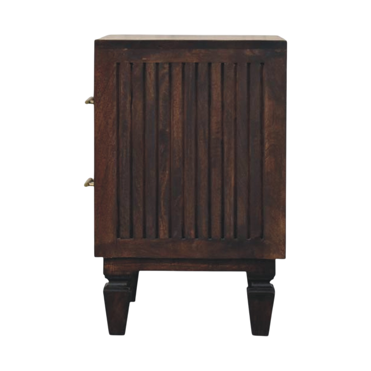 Skagen Fluted Bedside Table in Espresso, side view showing the depth.