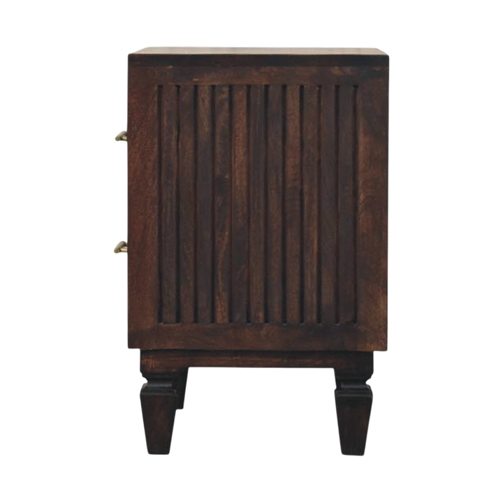 Skagen Fluted Bedside Table in Espresso, side view showing the depth.