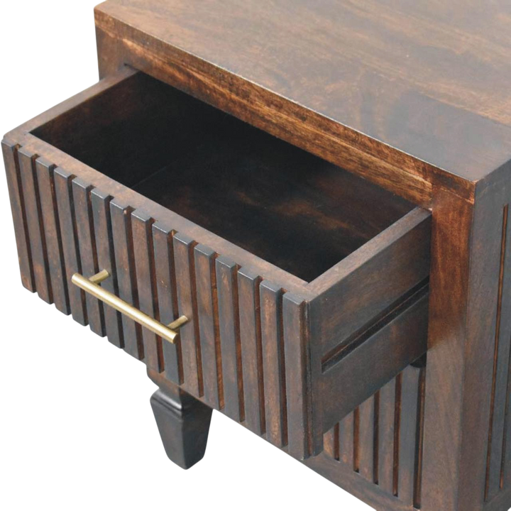 Skagen Fluted Bedside Table in Espresso, shown with a drawer open.