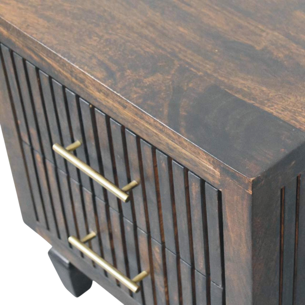 Close view of the brass hardware on the Skagen Fluted Bedside Table in Espresso.