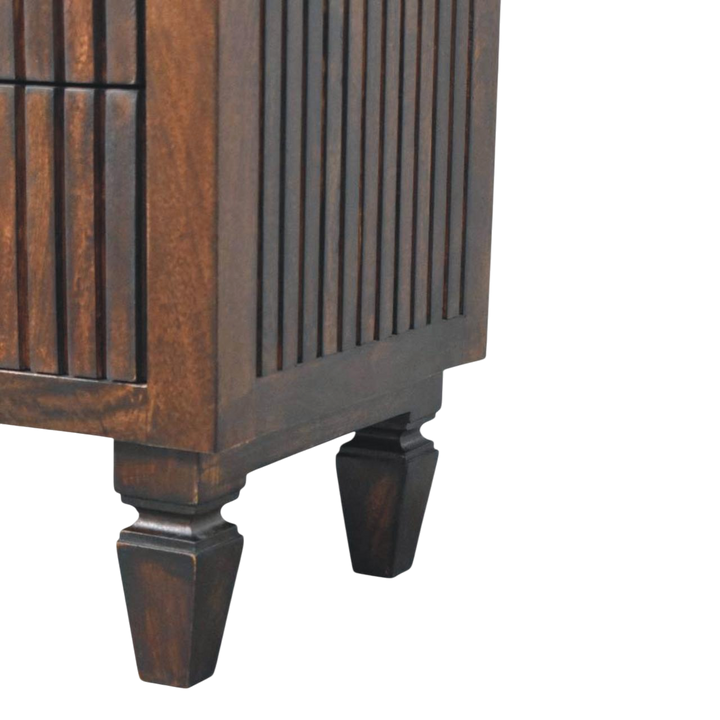 Close view of the turned legs on the Skagen Fluted Bedside Table in Espresso.