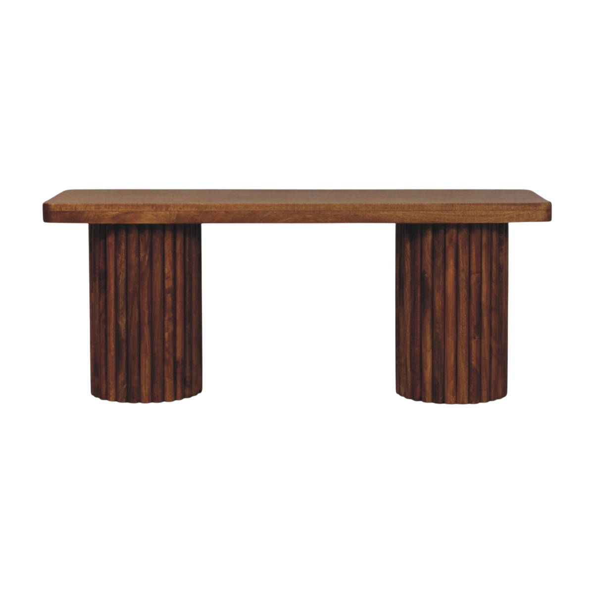 Skagen Fluted Bench in Amber, front view. Solid hardwood throughout in an amber finish, rectangular top carried on two fluted cylindrical bases.
