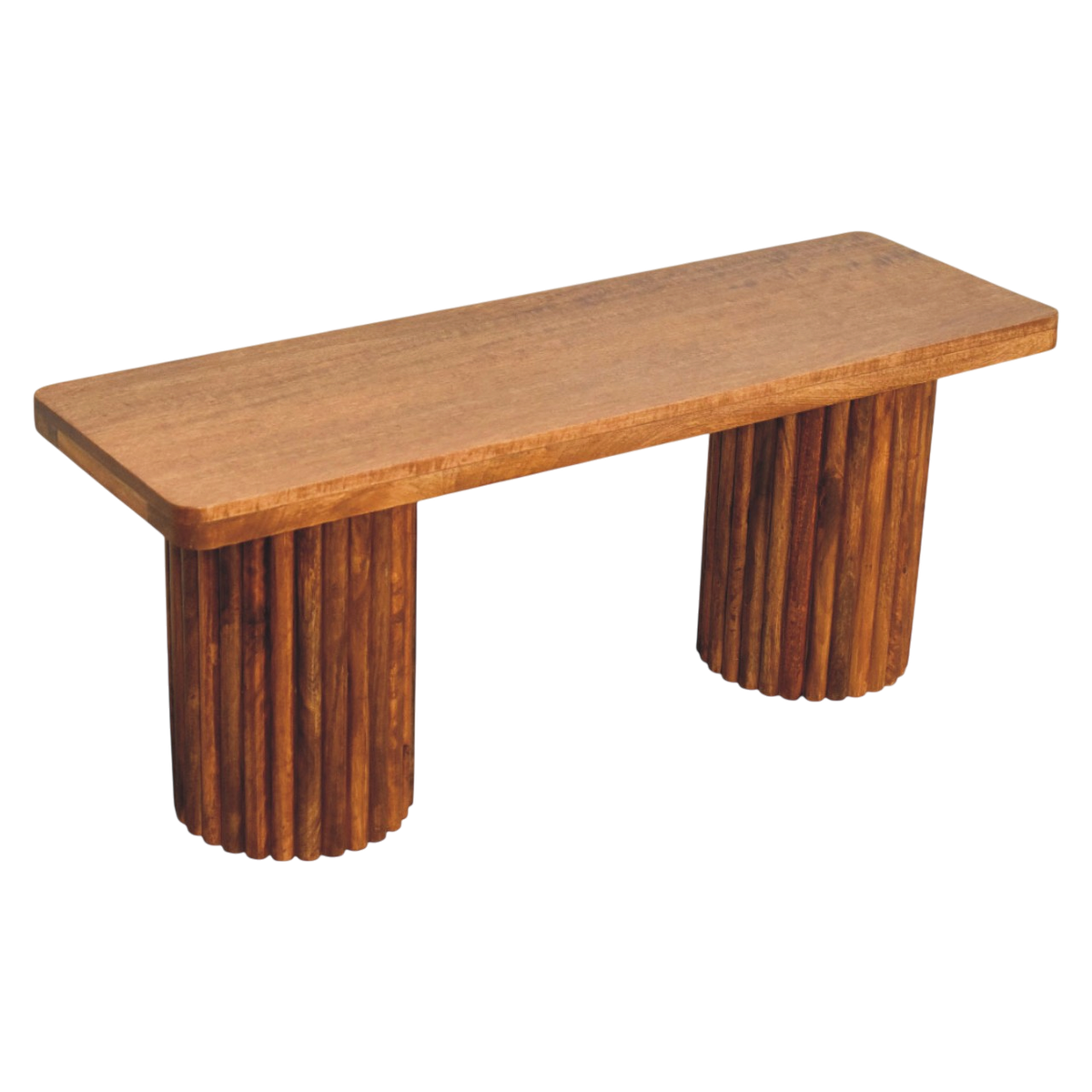 Skagen Fluted Bench in Amber, three-quarter view from the opposite side.