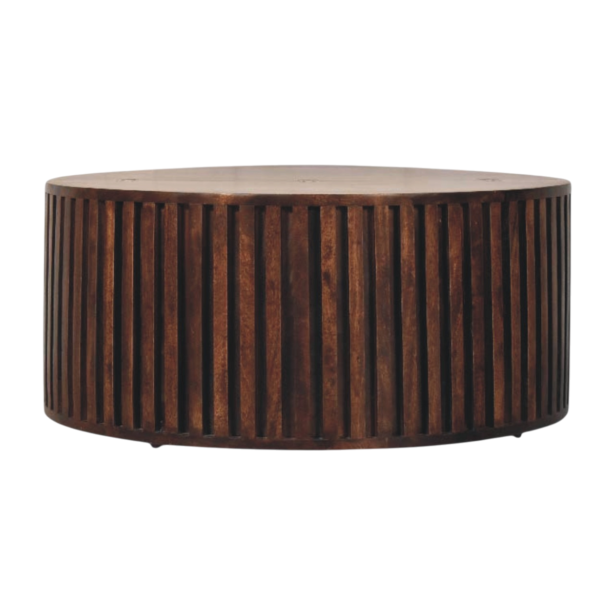 Skagen Fluted Coffee Table in Chestnut, front view. Solid hardwood throughout, chestnut finish, deep vertical fluting around a circular body.