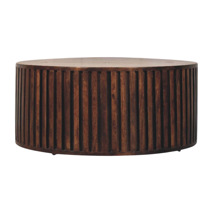 Skagen Fluted Coffee Table in Chestnut, front view. Solid hardwood throughout, chestnut finish, deep vertical fluting around a circular body.