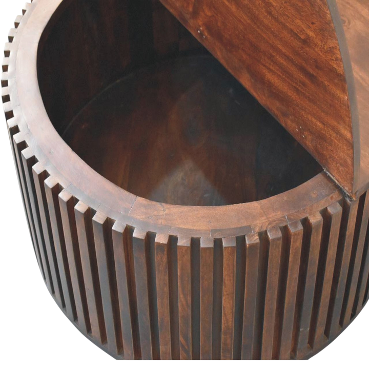 Close view of the interior on the Skagen Fluted Coffee Table in Chestnut.