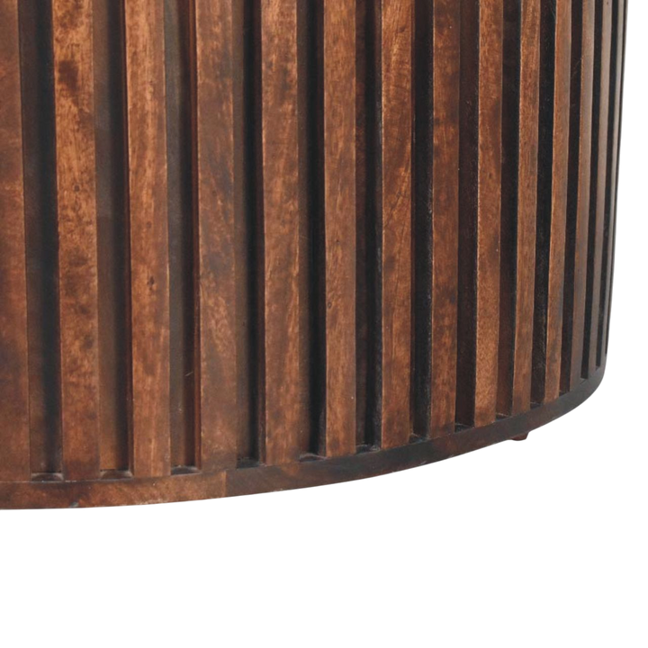 Close view of the base on the Skagen Fluted Coffee Table in Chestnut.