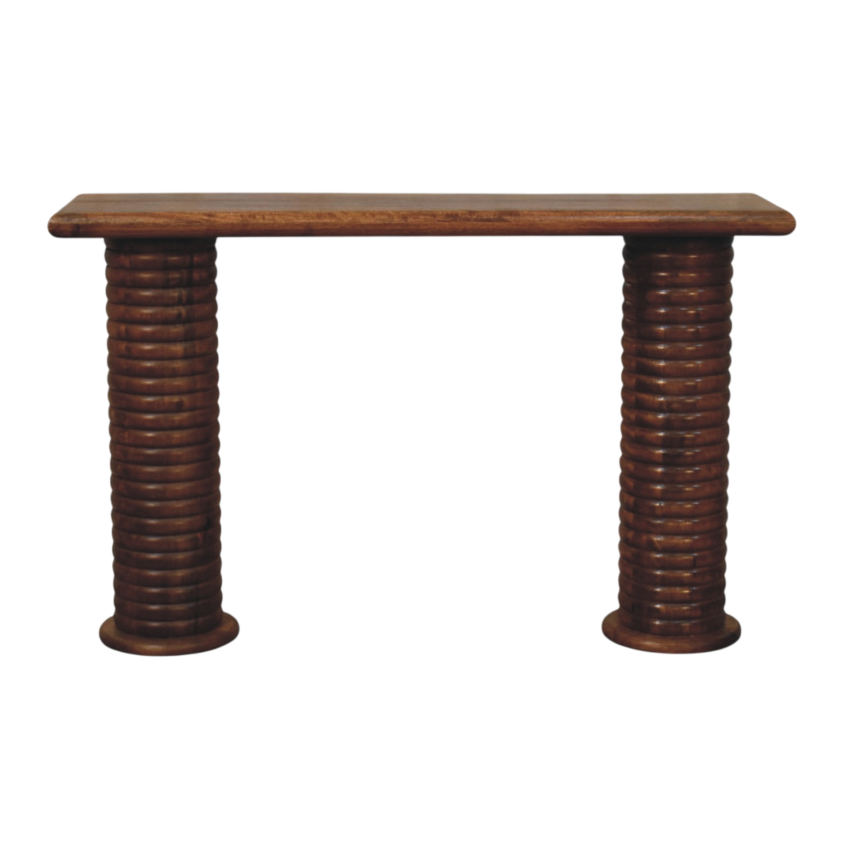 Skagen Pillar Console in Amber, front view. Solid hardwood throughout, amber finish, two heavy cylindrical legs ringed their full height.