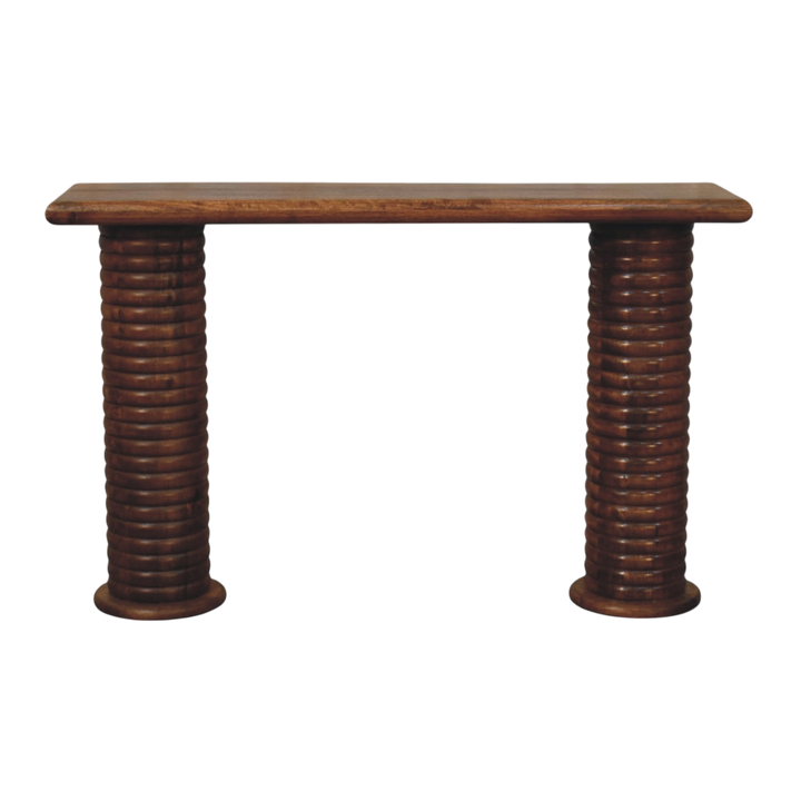 Skagen Pillar Console in Amber, front view. Solid hardwood throughout, amber finish, two heavy cylindrical legs ringed their full height.