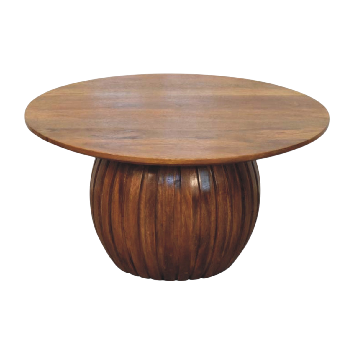 Skagen Plinth Coffee Table in Amber, front view. Solid hardwood top on a fluted drum base in a warm amber finish.