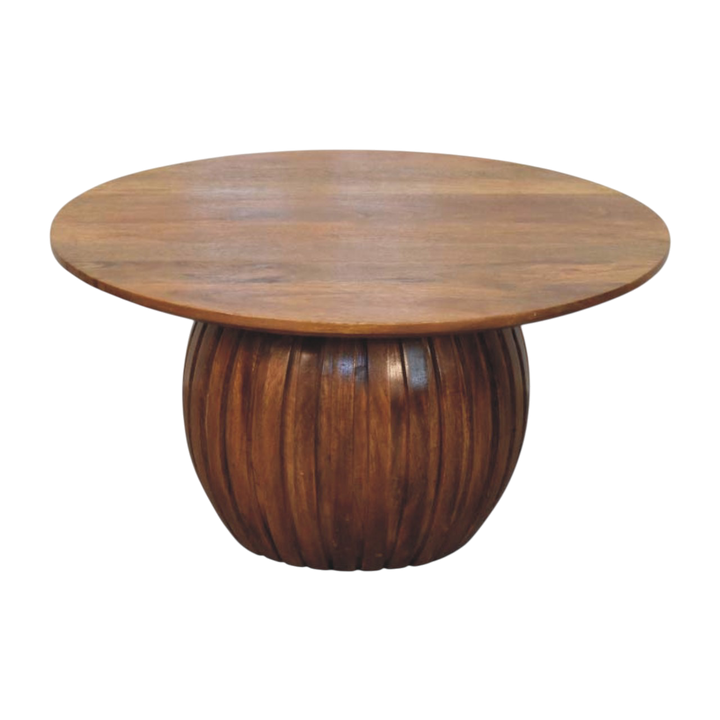 Skagen Plinth Coffee Table in Amber, front view. Solid hardwood top on a fluted drum base in a warm amber finish.