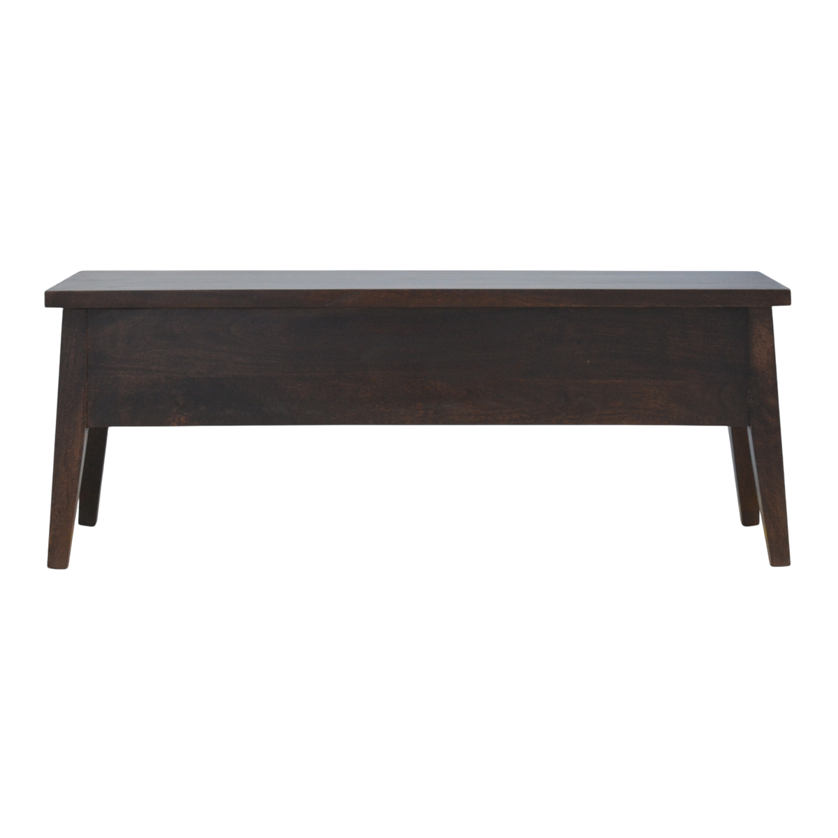 Skagen Storage Bench in Espresso, front view. 100% solid hardwood in a deep espresso finish, lift-up seat with a stay, interior storage, four tapered legs.