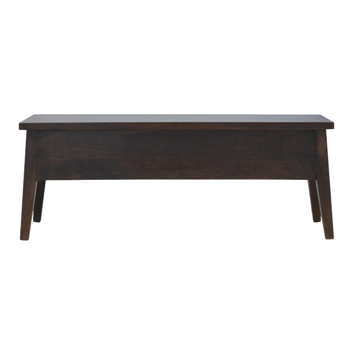 Skagen Storage Bench in Espresso, front view. 100% solid hardwood in a deep espresso finish, lift-up seat with a stay, interior storage, four tapered legs.