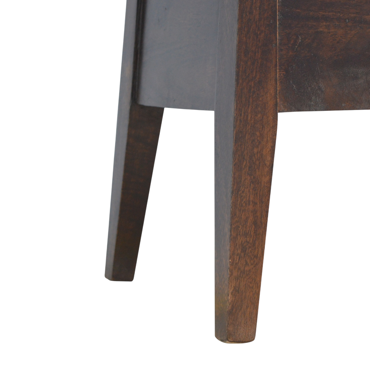 Close view of the legs on the Skagen Storage Bench in Espresso.