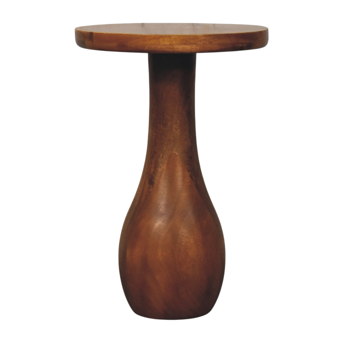 Soller Pedestal Drink Table in Amber, front view. Solid hardwood throughout in an amber finish, turned pedestal base rising to a round top.
