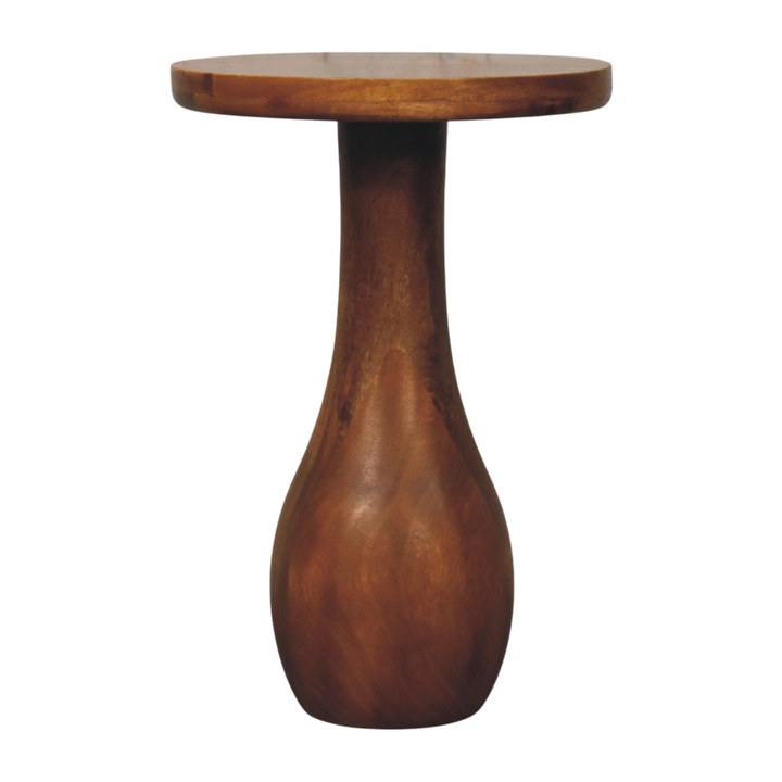 Soller Pedestal Drink Table in Amber, front view. Solid hardwood throughout in an amber finish, turned pedestal base rising to a round top.