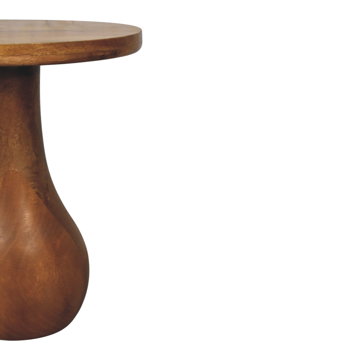 Close view of the strap and buckle on the Soller Pedestal Drink Table in Amber.
