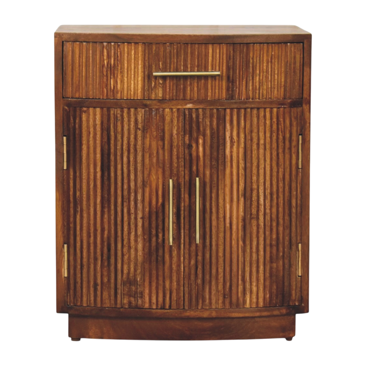 Sorrento Fluted Bedside Cabinet in Chestnut, front view. Solid hardwood throughout in a chestnut finish, fluted fronts, brushed brass handles.