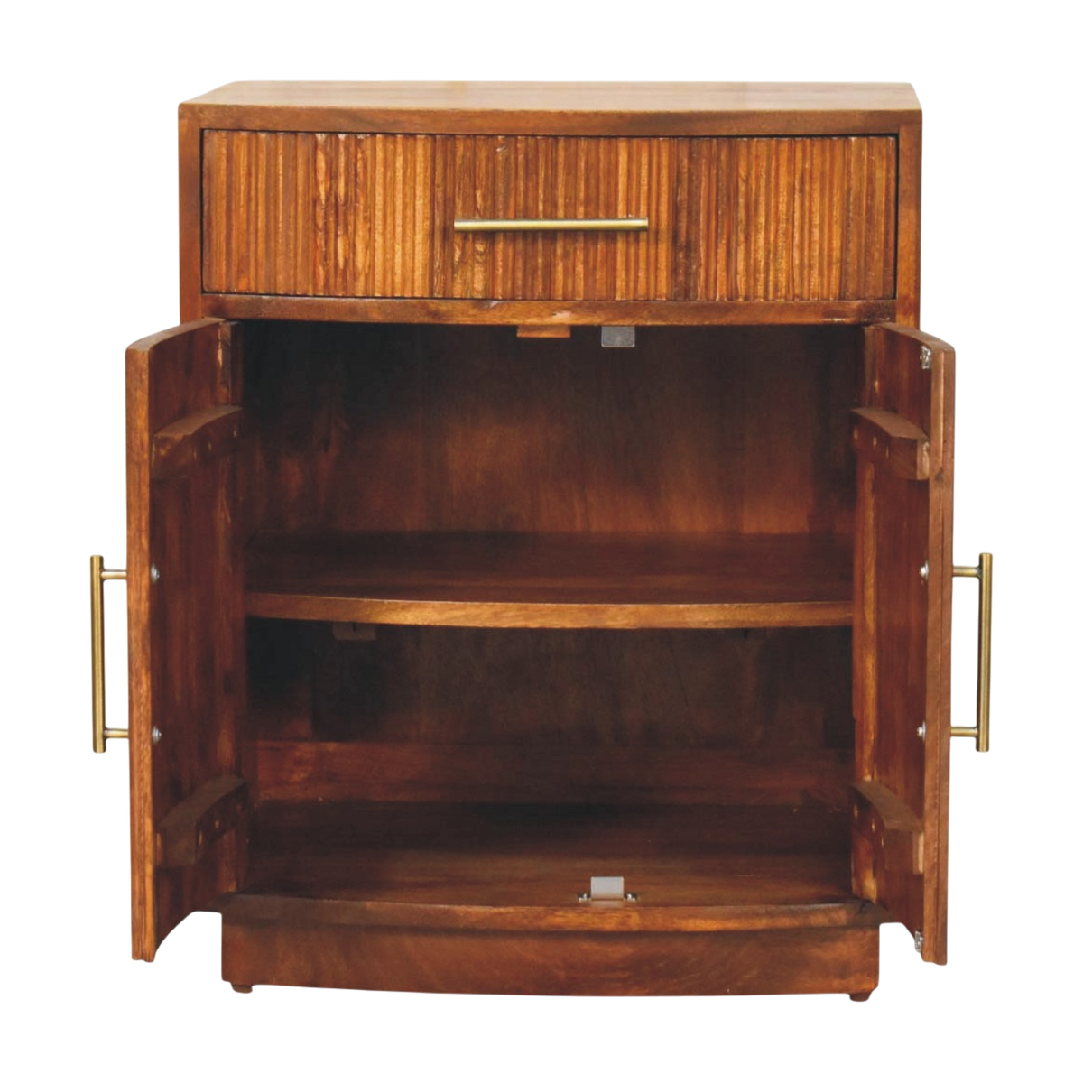 Sorrento Fluted Bedside Cabinet in Chestnut, shown with the doors open.